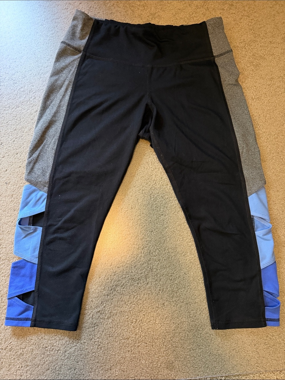 Champion Black Cropped Leggings with Gray Panels and Blue Accent Cutouts